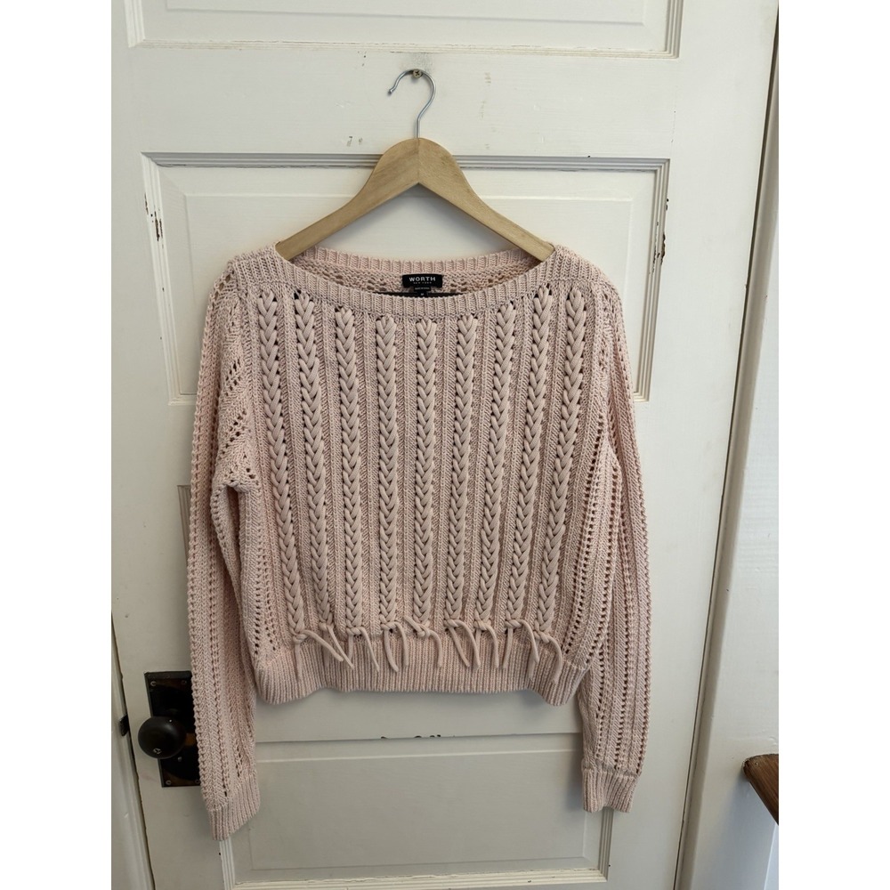 Worth Women's Shell Pink Boatneck Braided Pullover Sweater Cotton Sz Medium $448